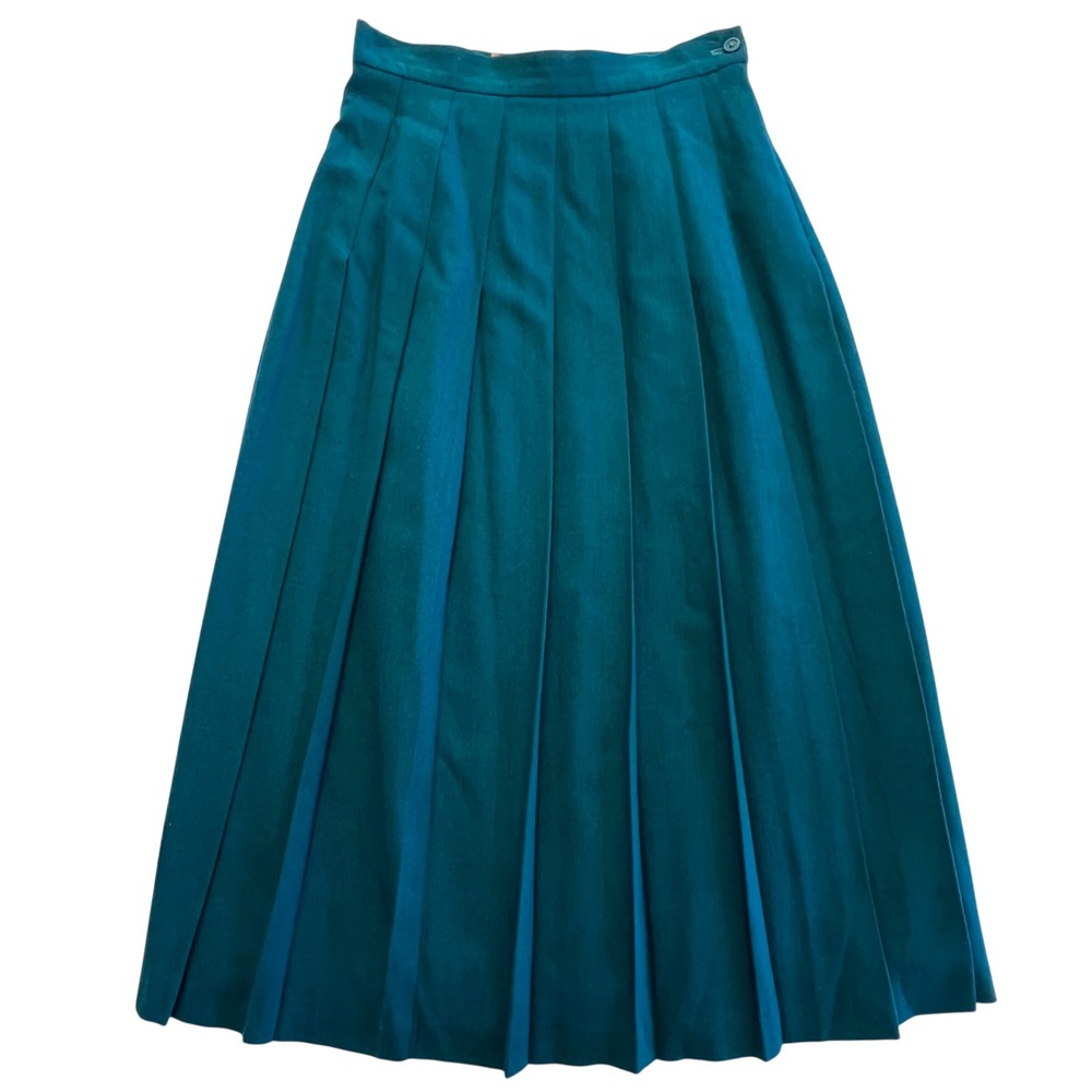 L.L. Bean Vintage 80s Teal Pleated Wool‎ Blend Preppy Teacher Midi Skirt Size 10
